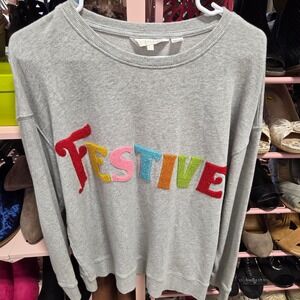 SHIRALEAH CHICAGO Grey Festive Word Art Sweatshirt  Long Sleeve Women's Size L